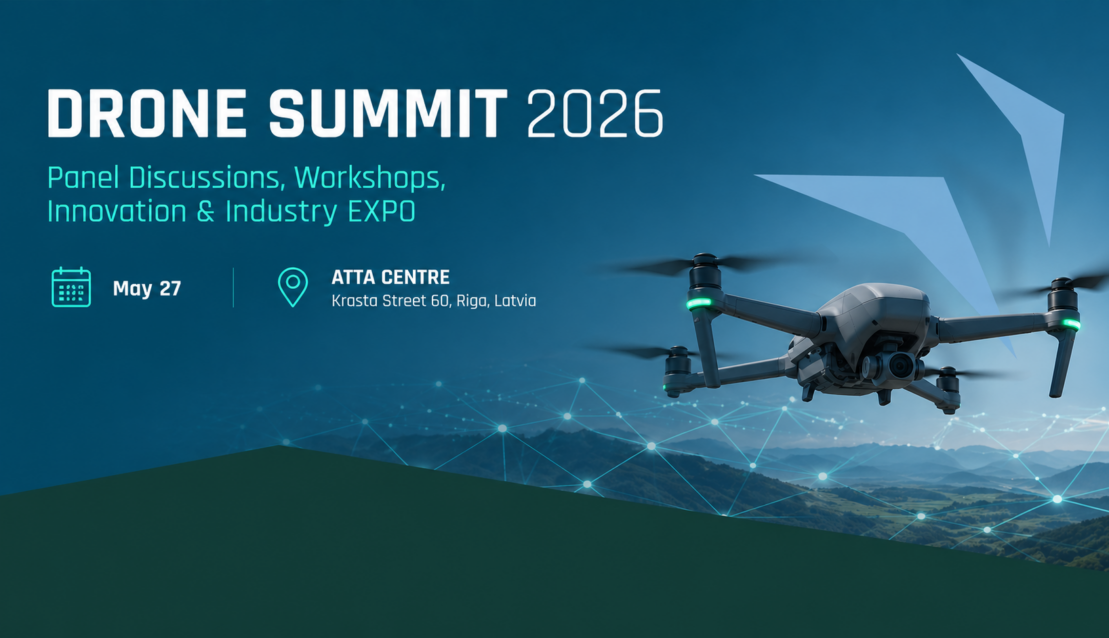 Wide hero banner for Drone Summit 2026 with drone imagery, blue-toned landscape graphics and event title in a modern technology-themed layout.