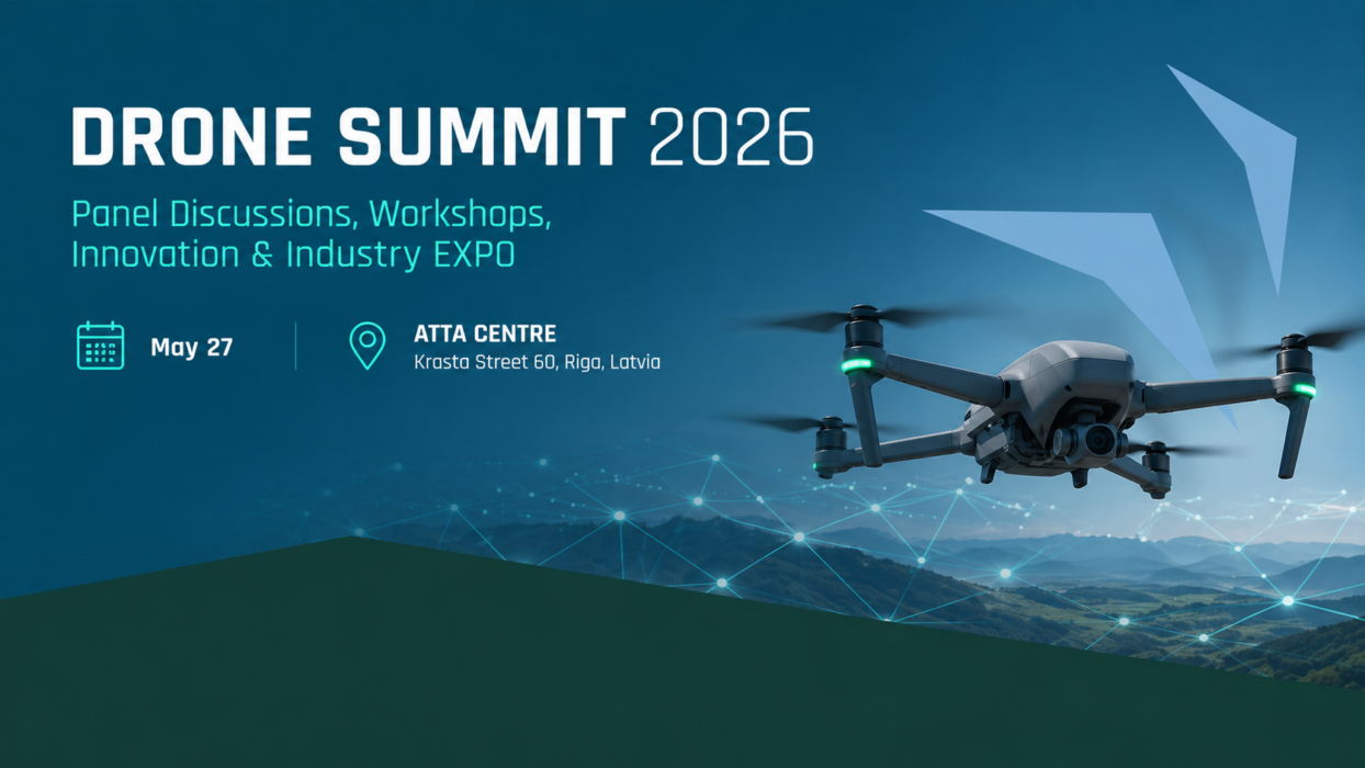 Wide hero banner for Drone Summit 2026 with drone imagery, blue-toned landscape graphics and event title in a modern technology-themed layout.