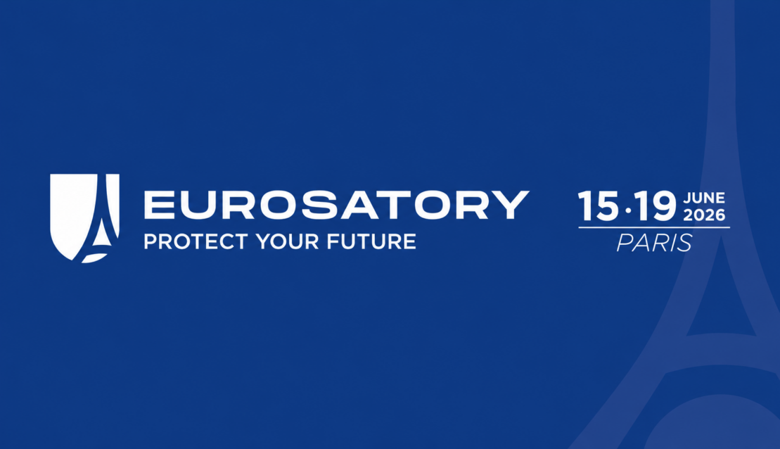 Eurosatory 2026 banner with event logo, dates 15 to 19 June, and Paris location on deep blue background.
