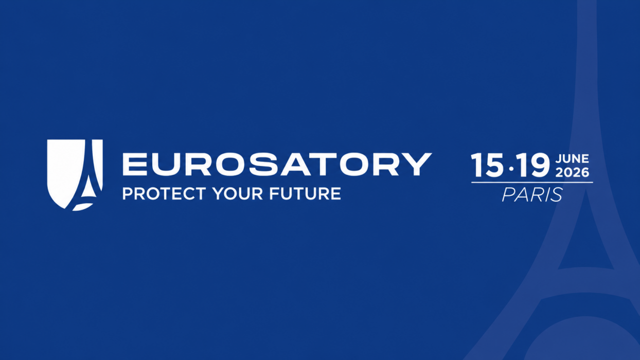 Eurosatory 2026 banner with event logo, dates 15 to 19 June, and Paris location on deep blue background.