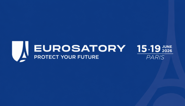 Eurosatory 2026 banner with event logo, dates 15 to 19 June, and Paris location on deep blue background.